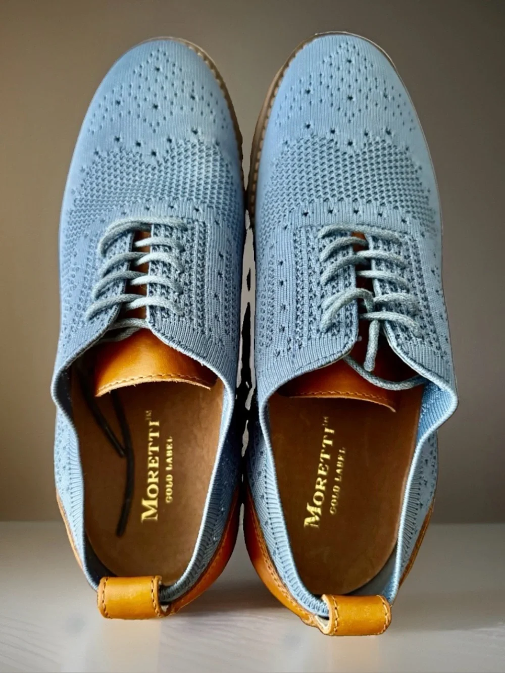 Moretti Gold Label Ashland II Light Blue Knit Leather Wingtip Oxfords 7.5D NWT